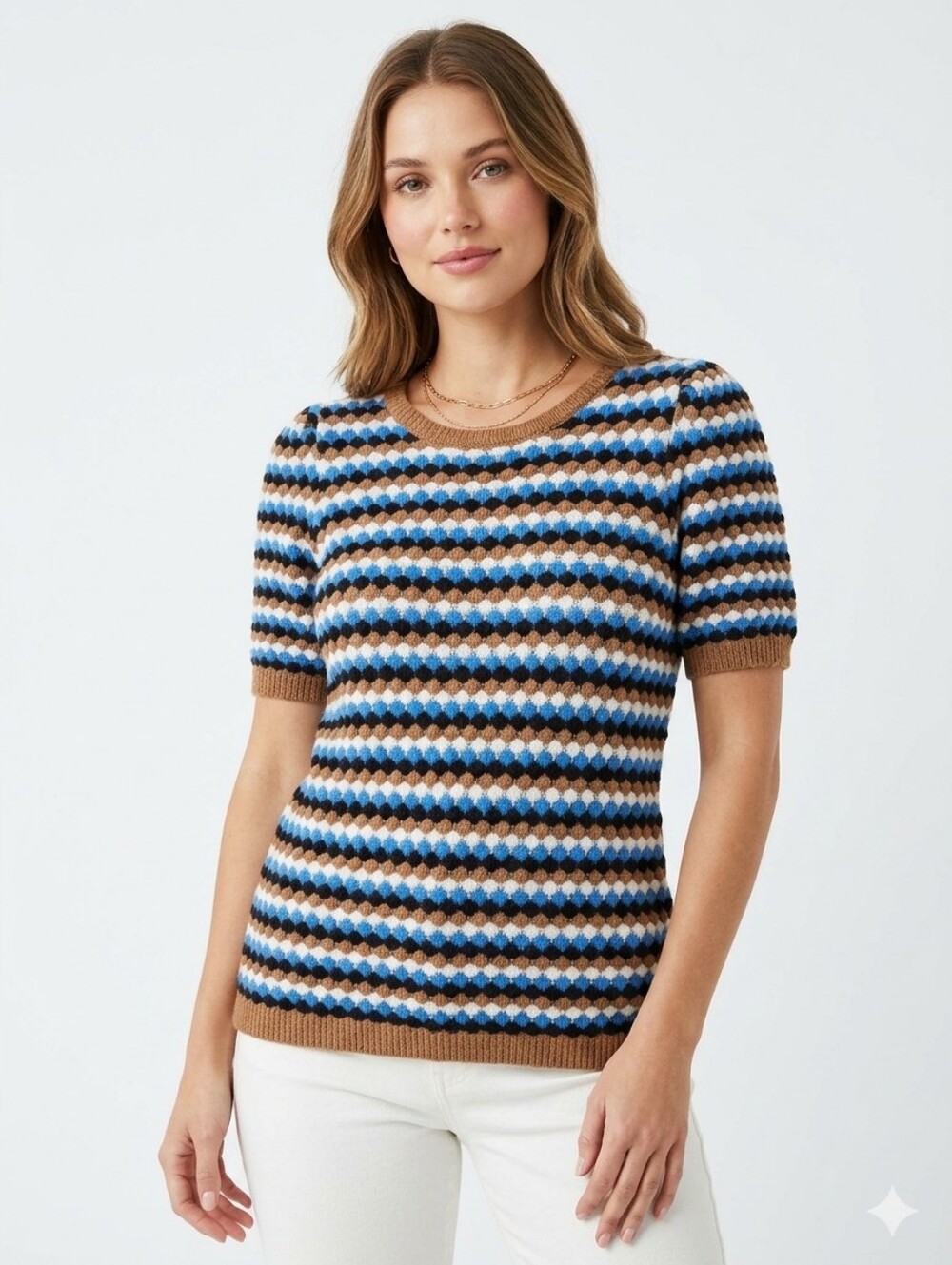 Fate + Fortune Sweater Short Sleeve Striped Blue and Brown Size Medium